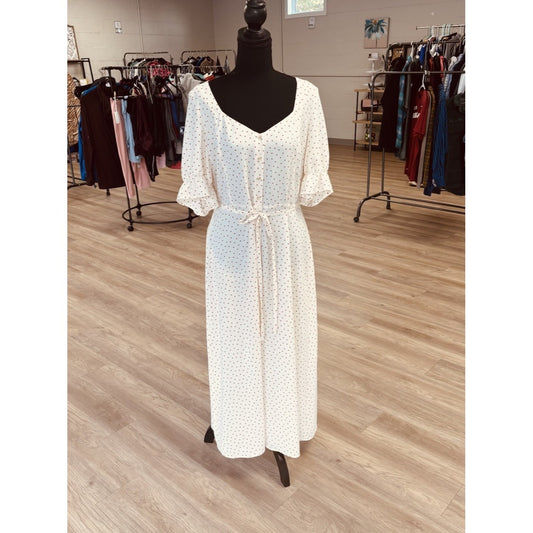 1.STATE Womens Puff Sleeve Long Midi Dress Cream With Brown Dots Size 14