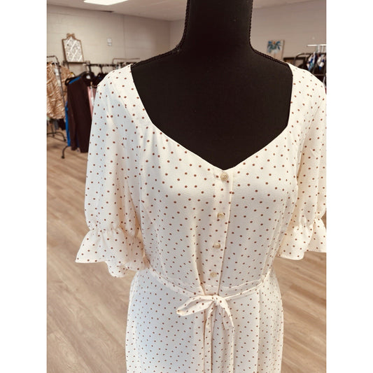 1.STATE Womens Puff Sleeve Long Midi Dress Cream With Brown Dots Size 14