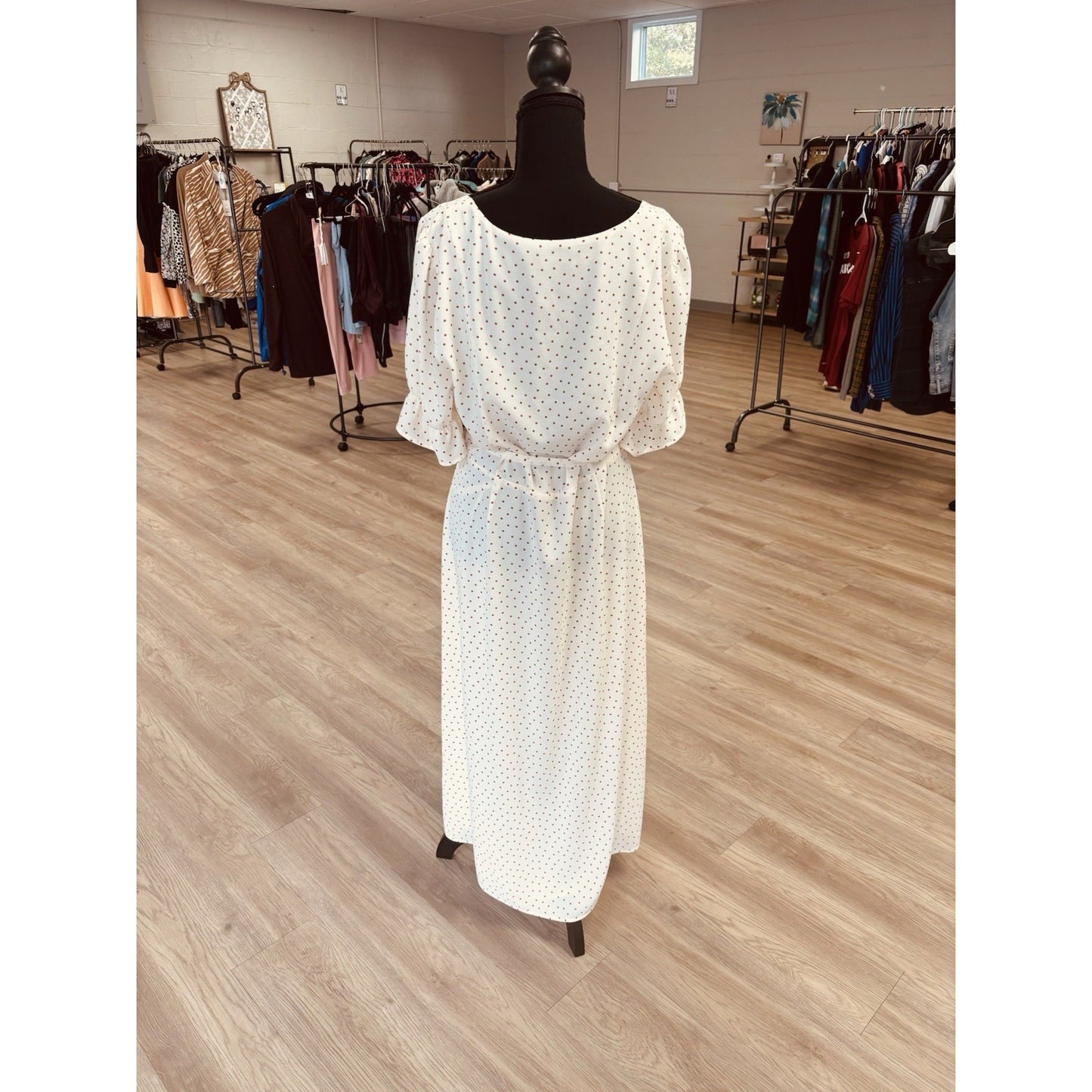 1.STATE Womens Puff Sleeve Long Midi Dress Cream With Brown Dots Size 14