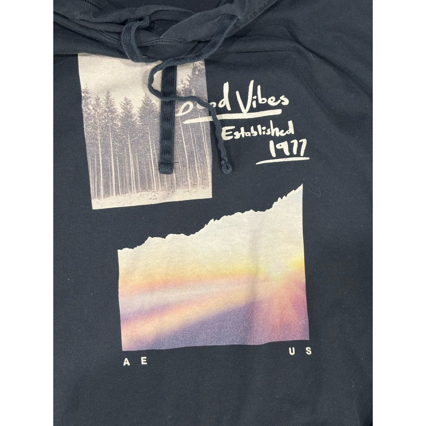 American Eagle Soft Hooded Tshirt Black Good Vibes EST 1977 Size XXL