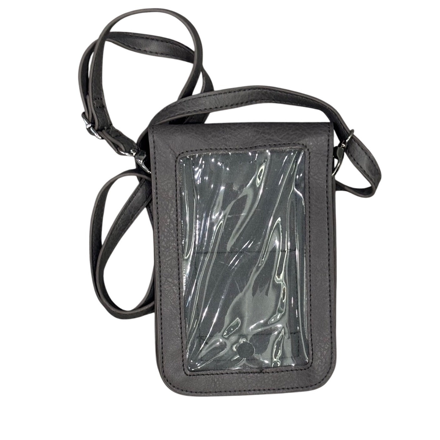 Gray Faux Leather Crossbody Bag With Buckle & Clear Window