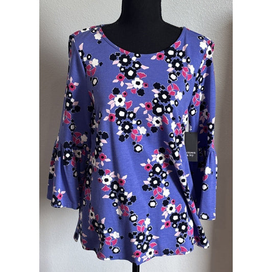 Crown & Ivy Top women's blue, Purple Floral patterned Long Bell Sleeve NWT