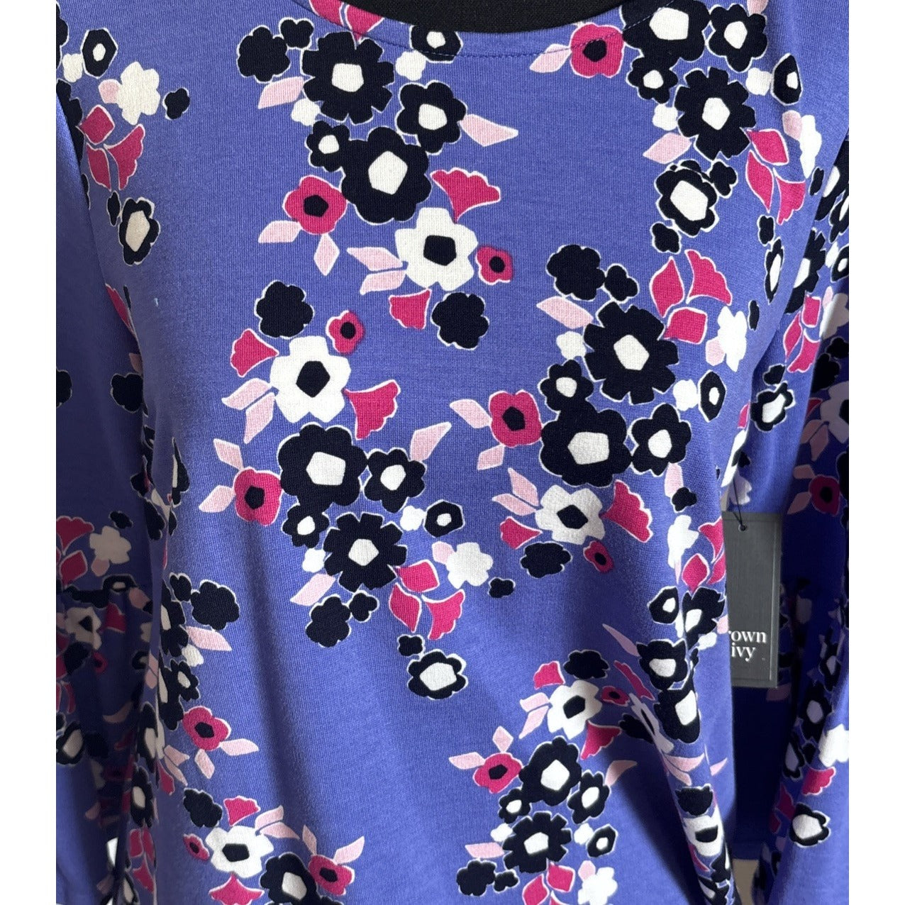 Crown & Ivy Top women's blue, Purple Floral patterned Long Bell Sleeve NWT