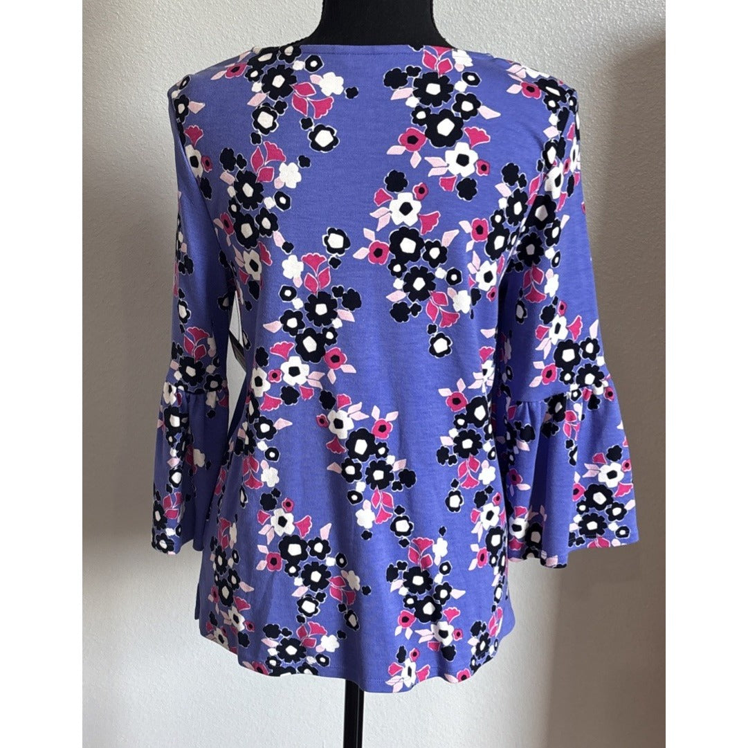 Crown & Ivy Top women's blue, Purple Floral patterned Long Bell Sleeve NWT