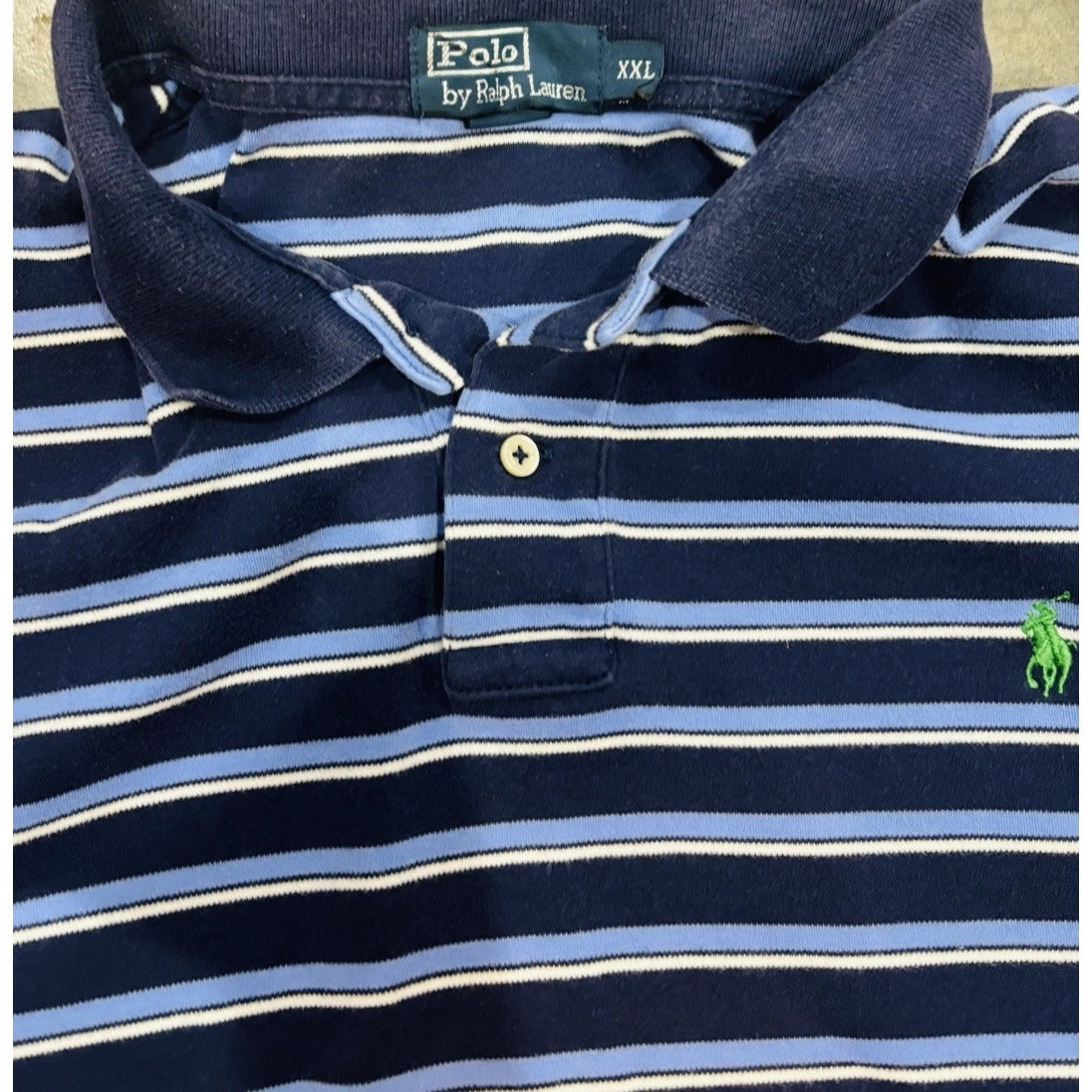 Ralph Lauren POLO Shirt Blue White Stripe Short Sleeve Green PONY Mens XXL