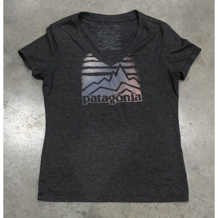 PATAGONIA WOMENS SIZE SMALL SLIM FIT V-NECK GRAY SPELL OUT TSHIRT