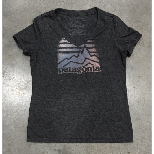 PATAGONIA WOMENS SIZE SMALL SLIM FIT V-NECK GRAY SPELL OUT TSHIRT
