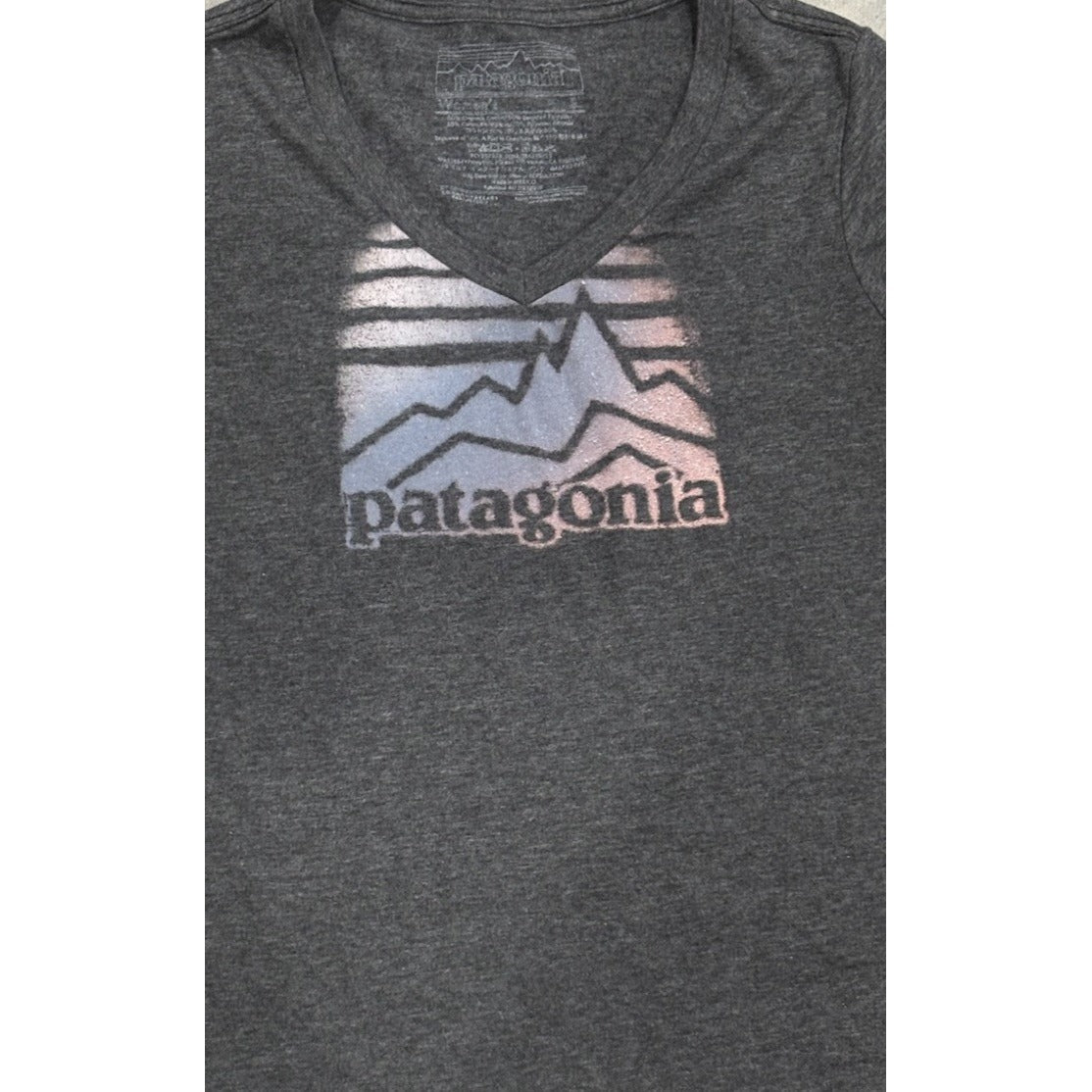 PATAGONIA WOMENS SIZE SMALL SLIM FIT V-NECK GRAY SPELL OUT TSHIRT