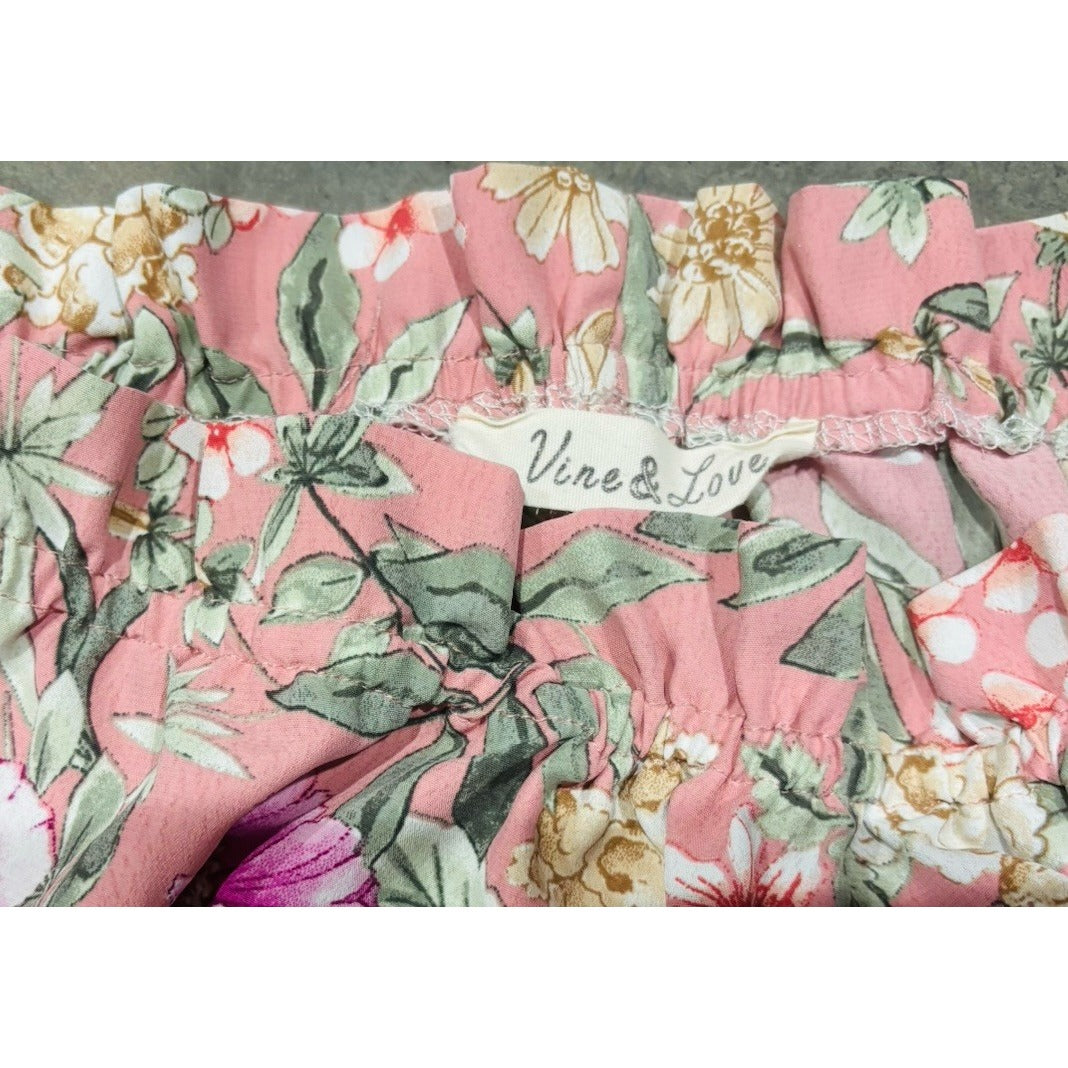 Vine & Love Women Large Blouse Pink Floral Woven LS Pullover Off Shoulder 19954