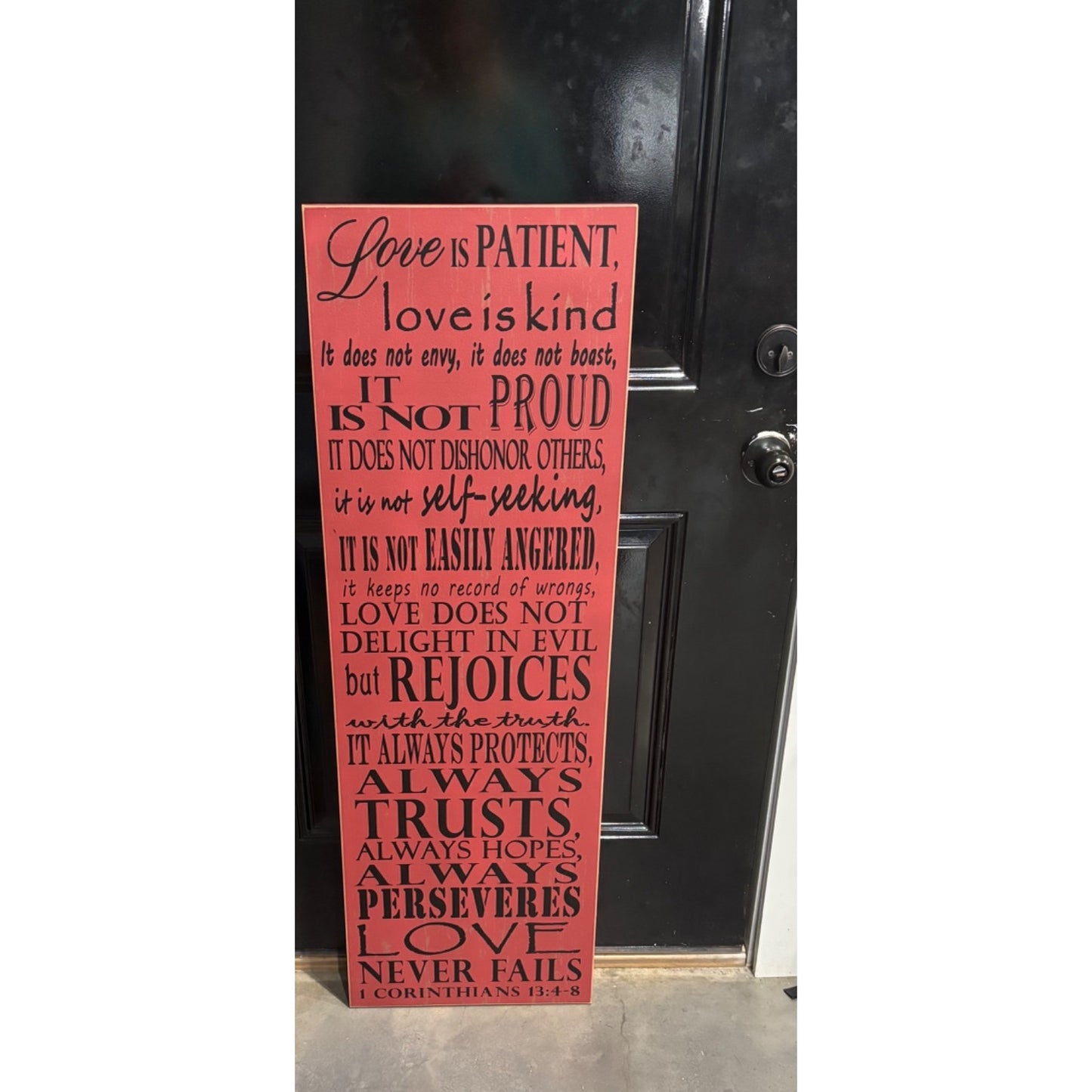 Inspirational Wood Wall Art Sign 1 Corinthians 13:4-8 Quote Red & Black Home Decor