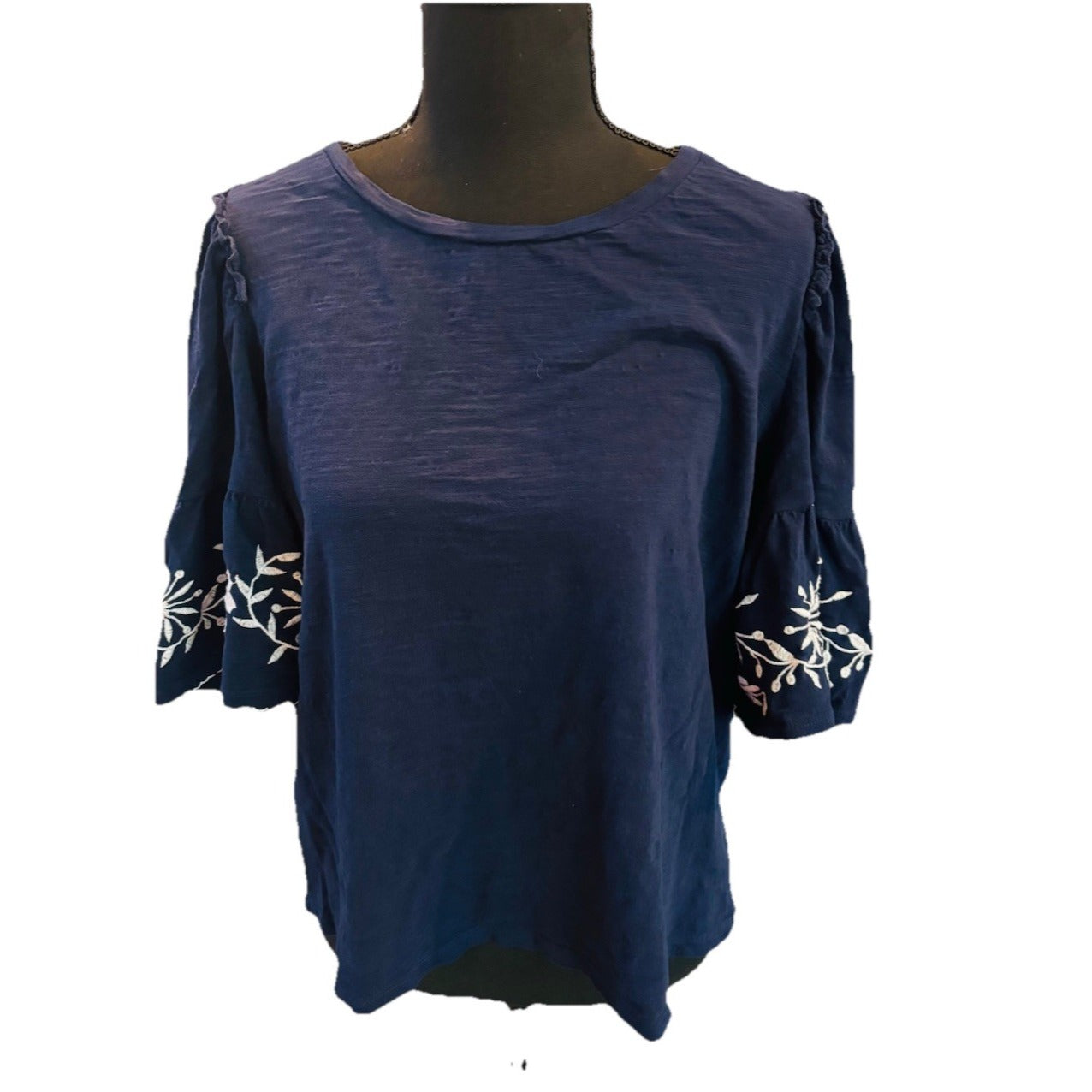 Crown & Ivy Navy Woman’s Flutter Bell Sleeve Top With Embroidery Size XL