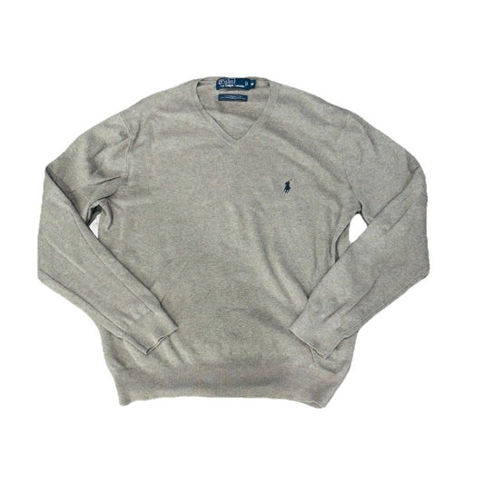 Ralph Lauren Gray Sweater V-Neck Blue Logo Lightweight Knit Size M