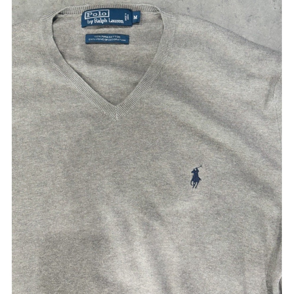 Ralph Lauren Gray Sweater V-Neck Blue Logo Lightweight Knit Size M