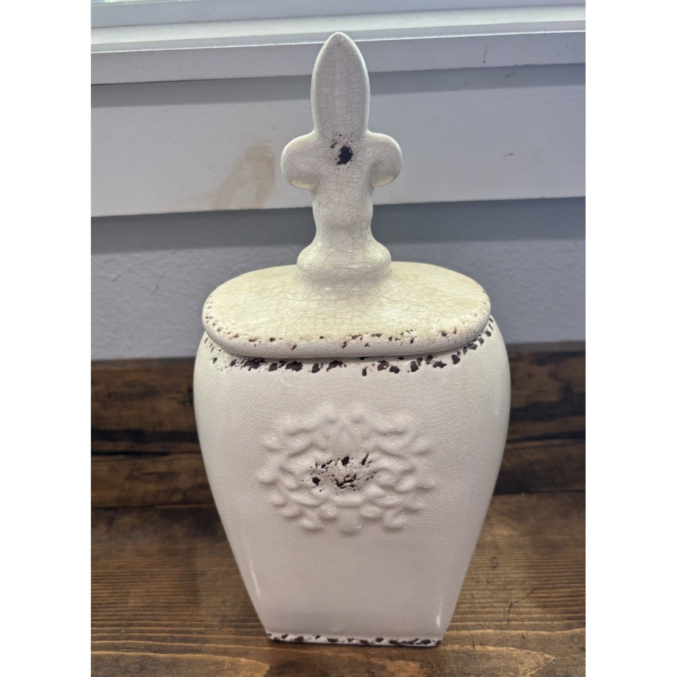 Small White Decorative Canister About 9.5 Inches