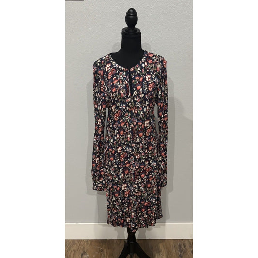 Tory Burch Floral Keyhole Long Sleeve Dress V Neck Round Knee Length Navy Large