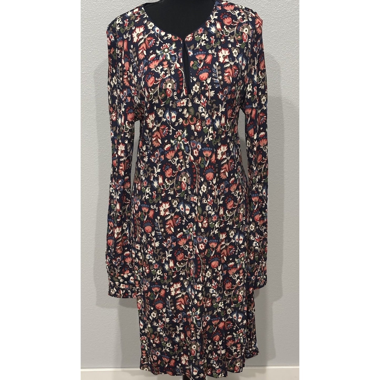 Tory Burch Floral Keyhole Long Sleeve Dress V Neck Round Knee Length Navy Large