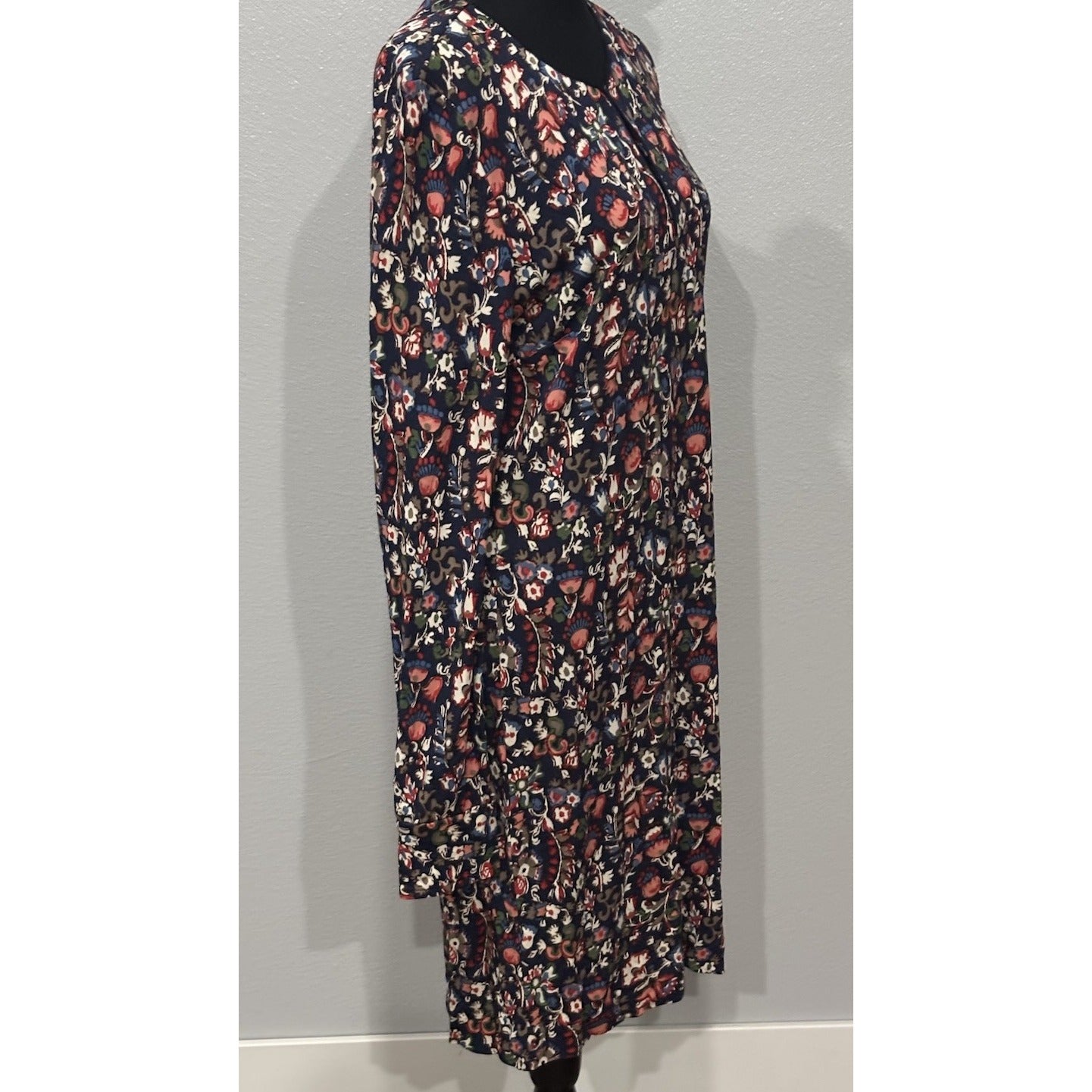 Tory Burch Floral Keyhole Long Sleeve Dress V Neck Round Knee Length Navy Large
