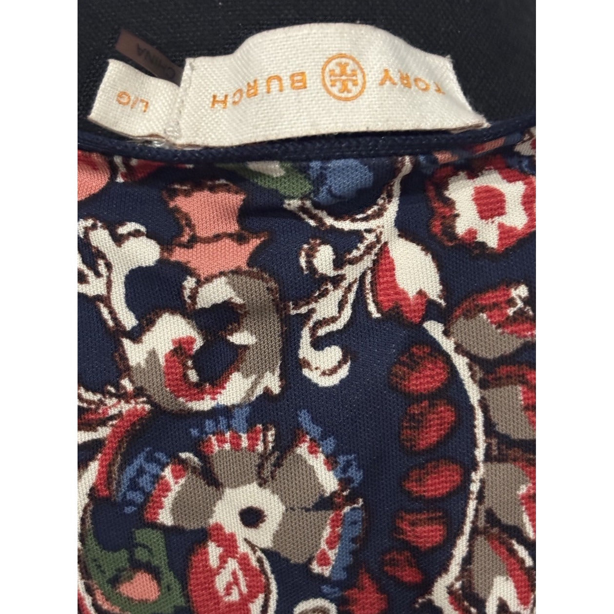 Tory Burch Floral Keyhole Long Sleeve Dress V Neck Round Knee Length Navy Large