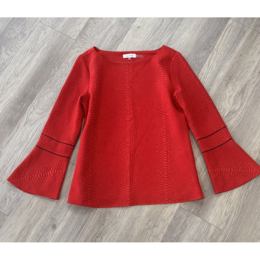 Calvin Klein Blouse Women's Small Red Stretch Bell Sleeve 3/4 Sleeve