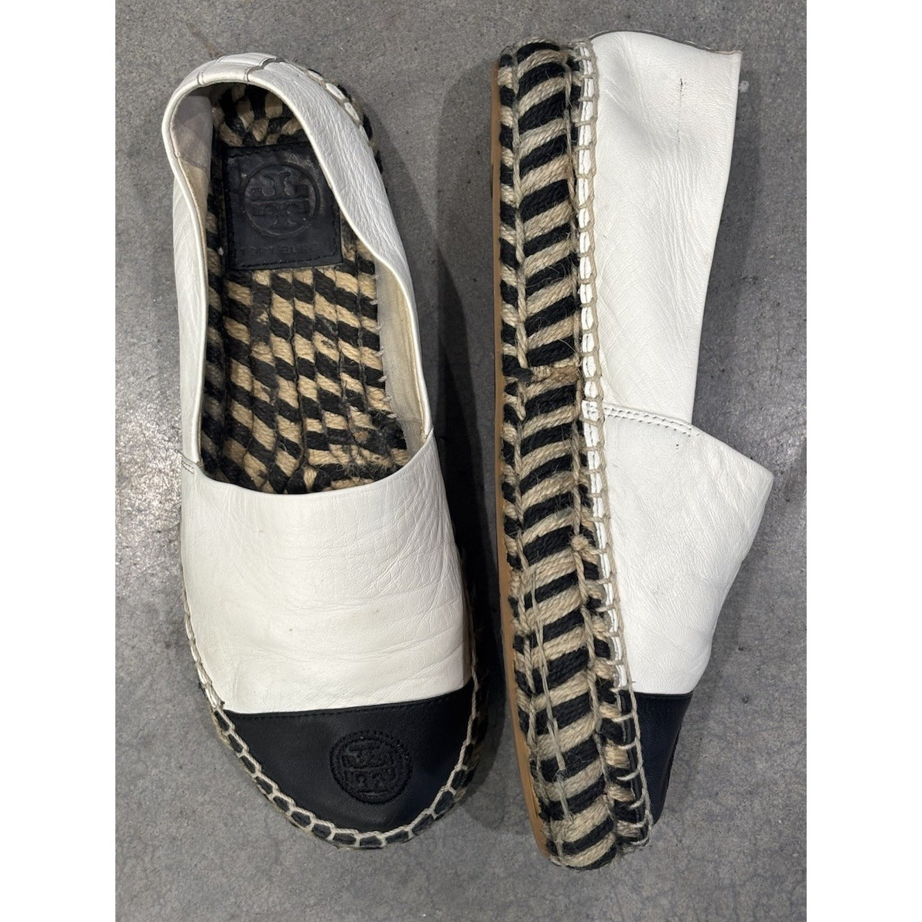 TORY BURCH Color Block Espadrilles Flat Leather Ivory/Black Slip On Shoes Sz 7.5