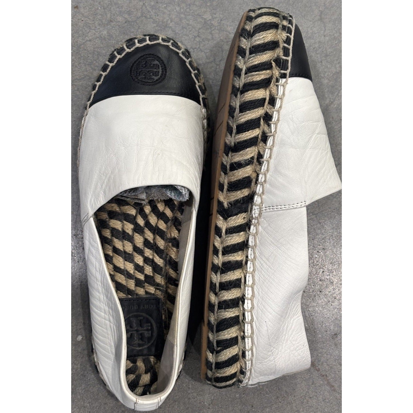 TORY BURCH Color Block Espadrilles Flat Leather Ivory/Black Slip On Shoes Sz 7.5