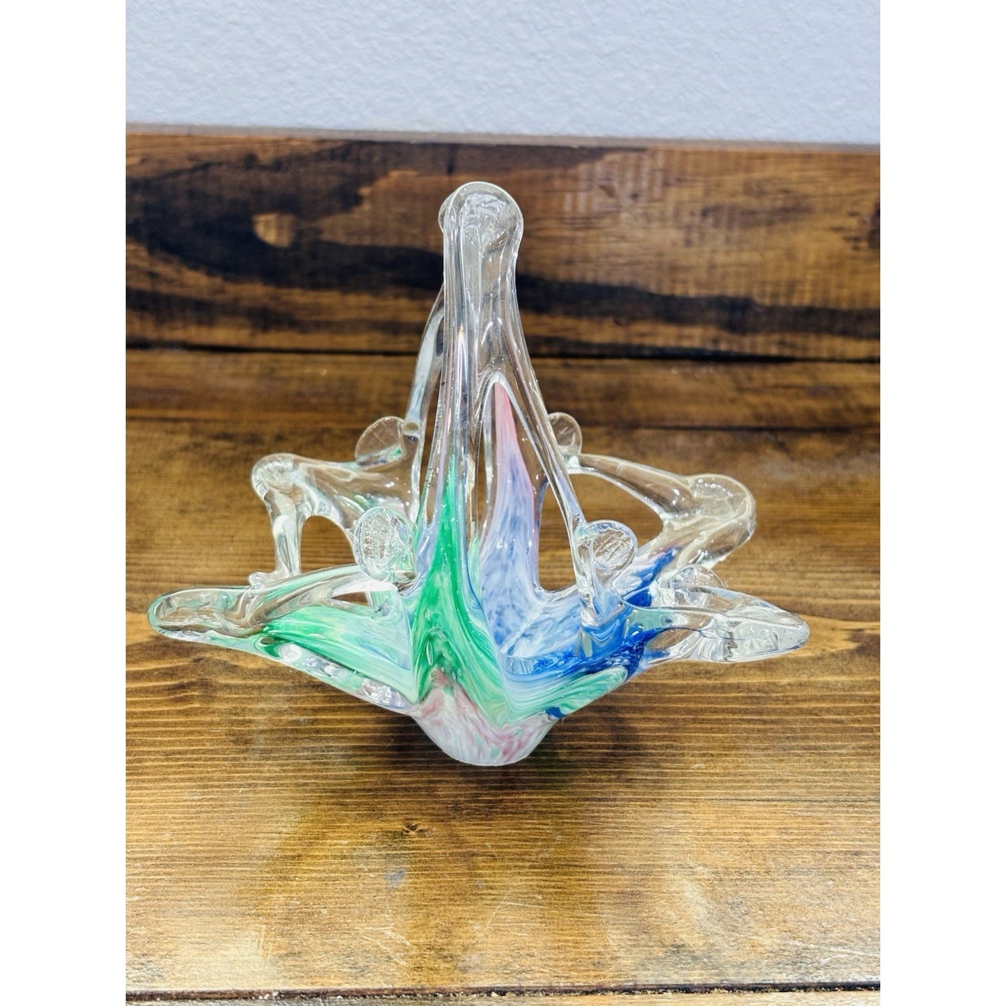 Vintage Murano Pastel Rainbow Swirl Hand Blown Art Glass Basket Bowl