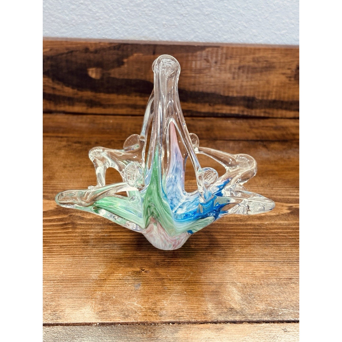 Vintage Murano Pastel Rainbow Swirl Hand Blown Art Glass Basket Bowl