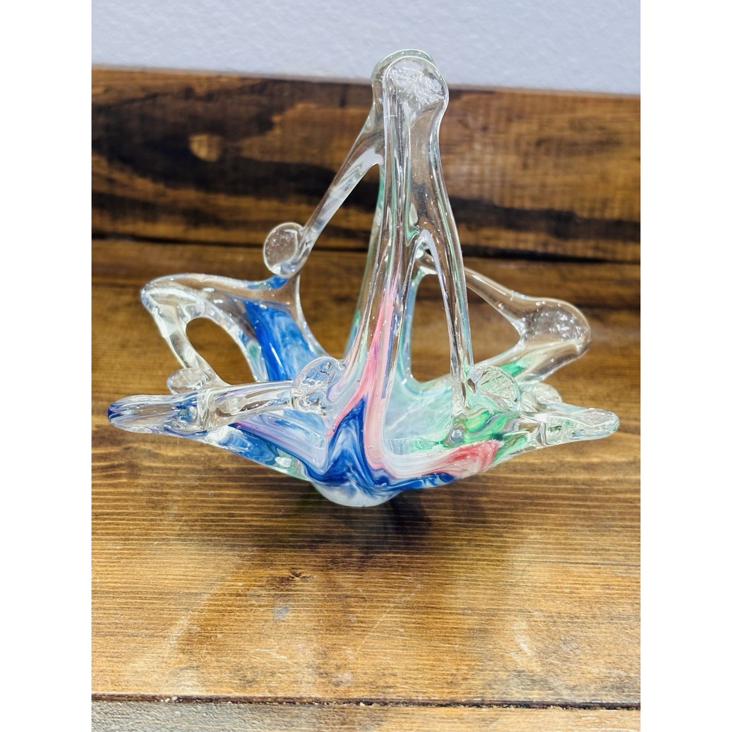 Vintage Murano Pastel Rainbow Swirl Hand Blown Art Glass Basket Bowl