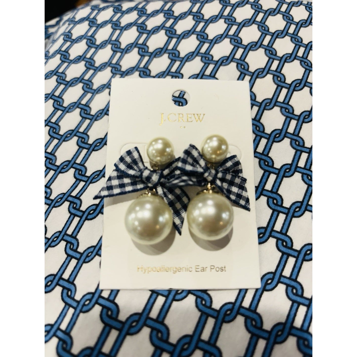 J Crew Navy And White Pearl And Bow Statement Earrings NWT