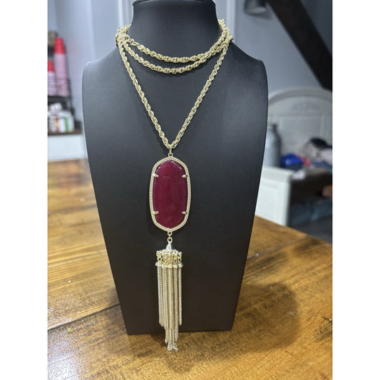 KENDRA SCOTT  " Rayne "  Maroon Jade Pendant Tassel Necklace Gold Tone 37'' L