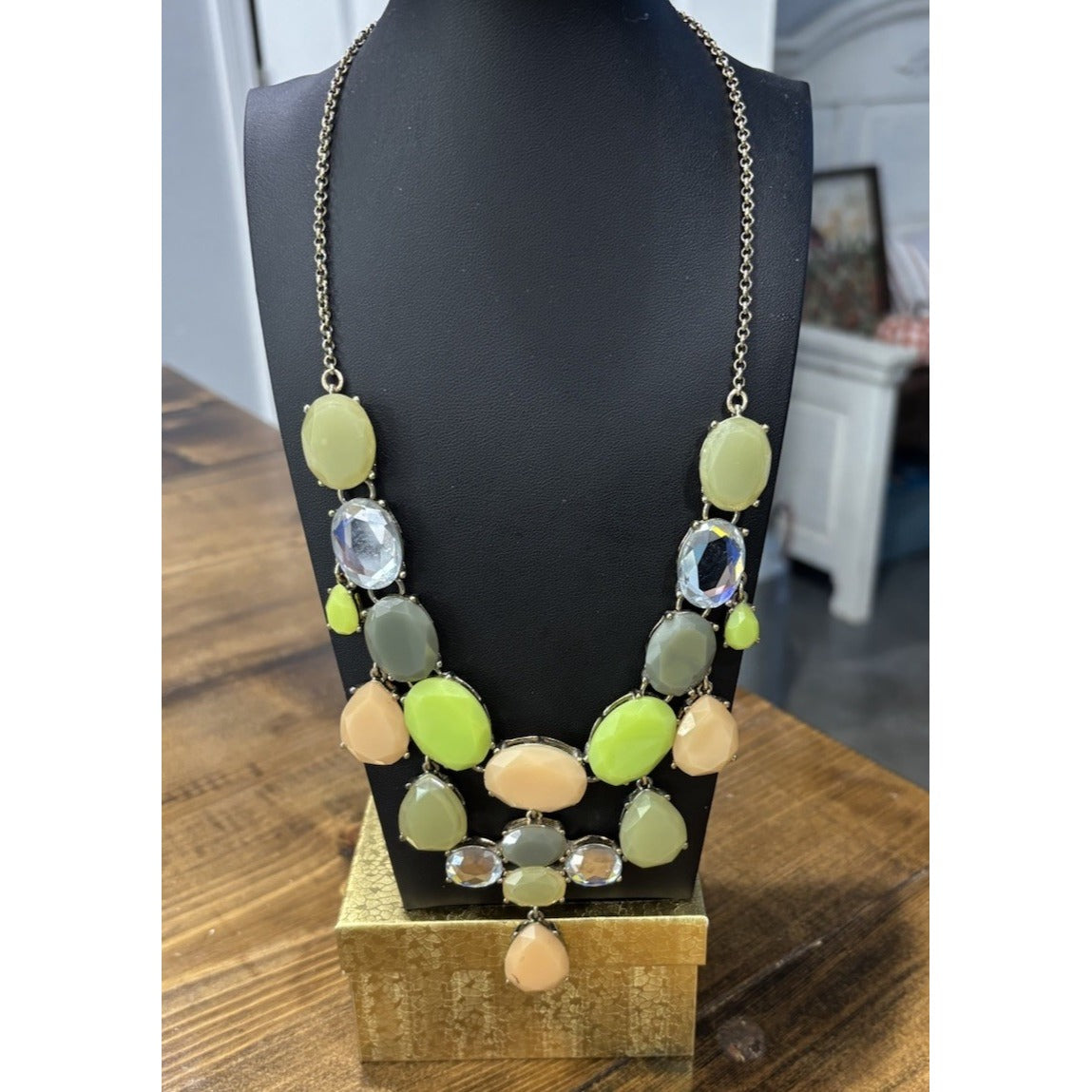 J. Crew Pink Green Gray Soft Pastel Oval Statement Bib Necklace