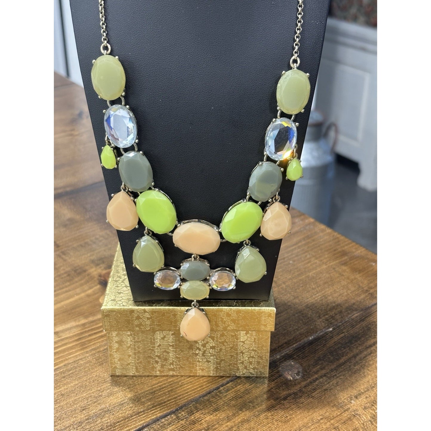 J. Crew Pink Green Gray Soft Pastel Oval Statement Bib Necklace